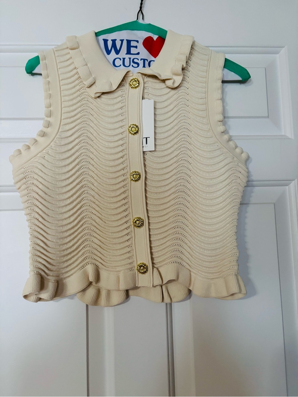 NWT - Jason Wu Sleeveless Cream Knit Button-Front Top with Ruffle Hem - Small